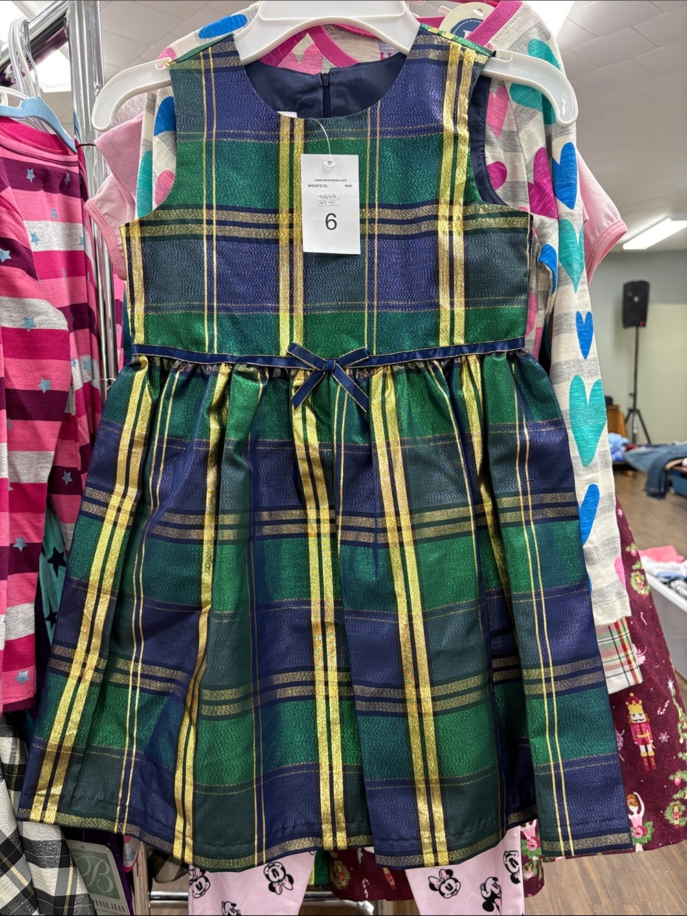 Bonnie Jean Green and Navy Plaid Metallic Trim Party Dress